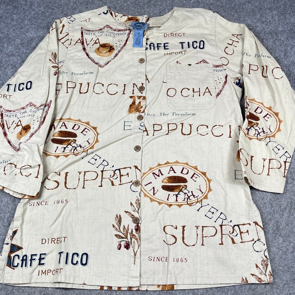 VTG Cambridge Dry Goods Coffee Print Tunic Shirt Medium Cream Brown Linen Cotton